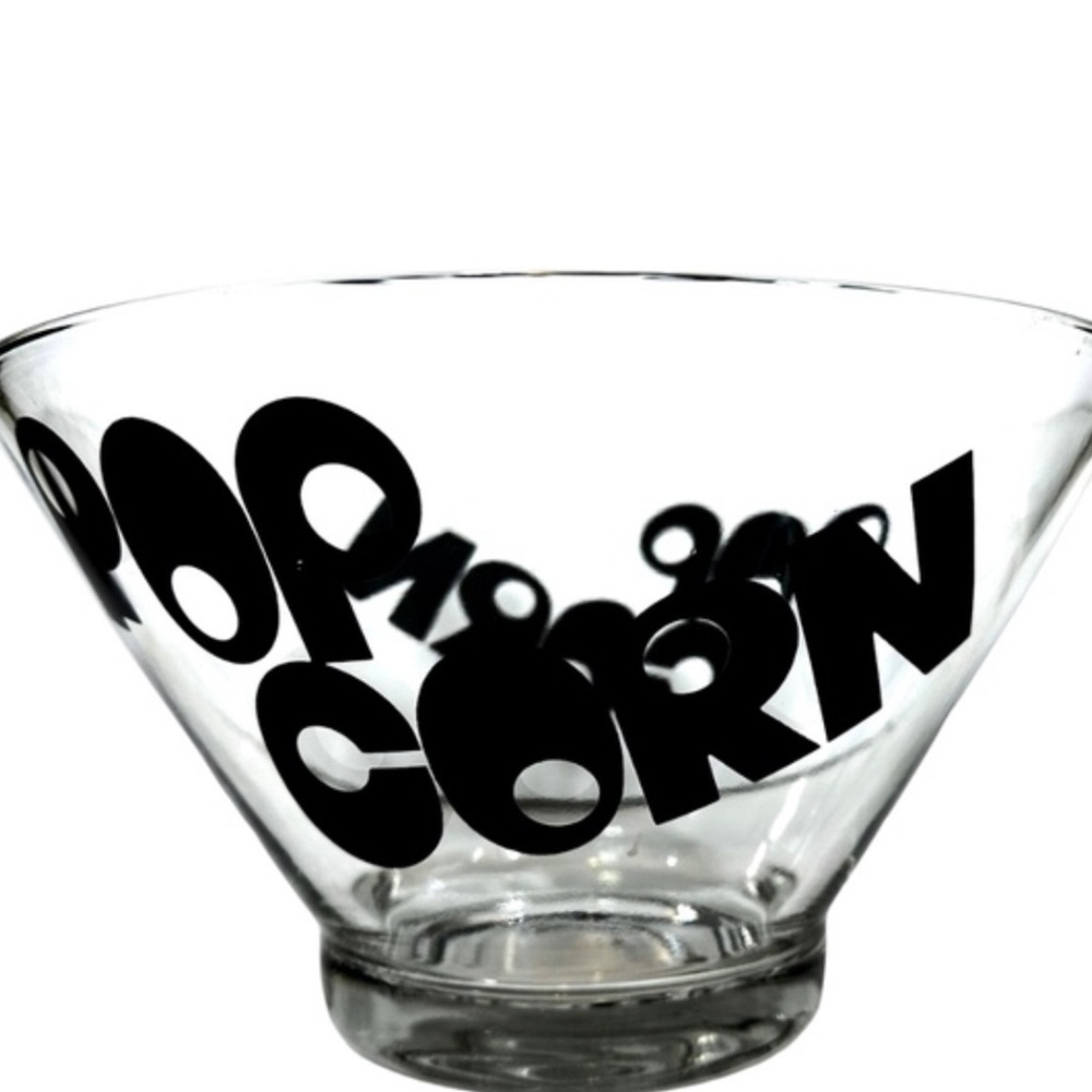 Vintage Glass Popcorn Serving Bowl Black Font 10" Diameter Made in USA70s Era